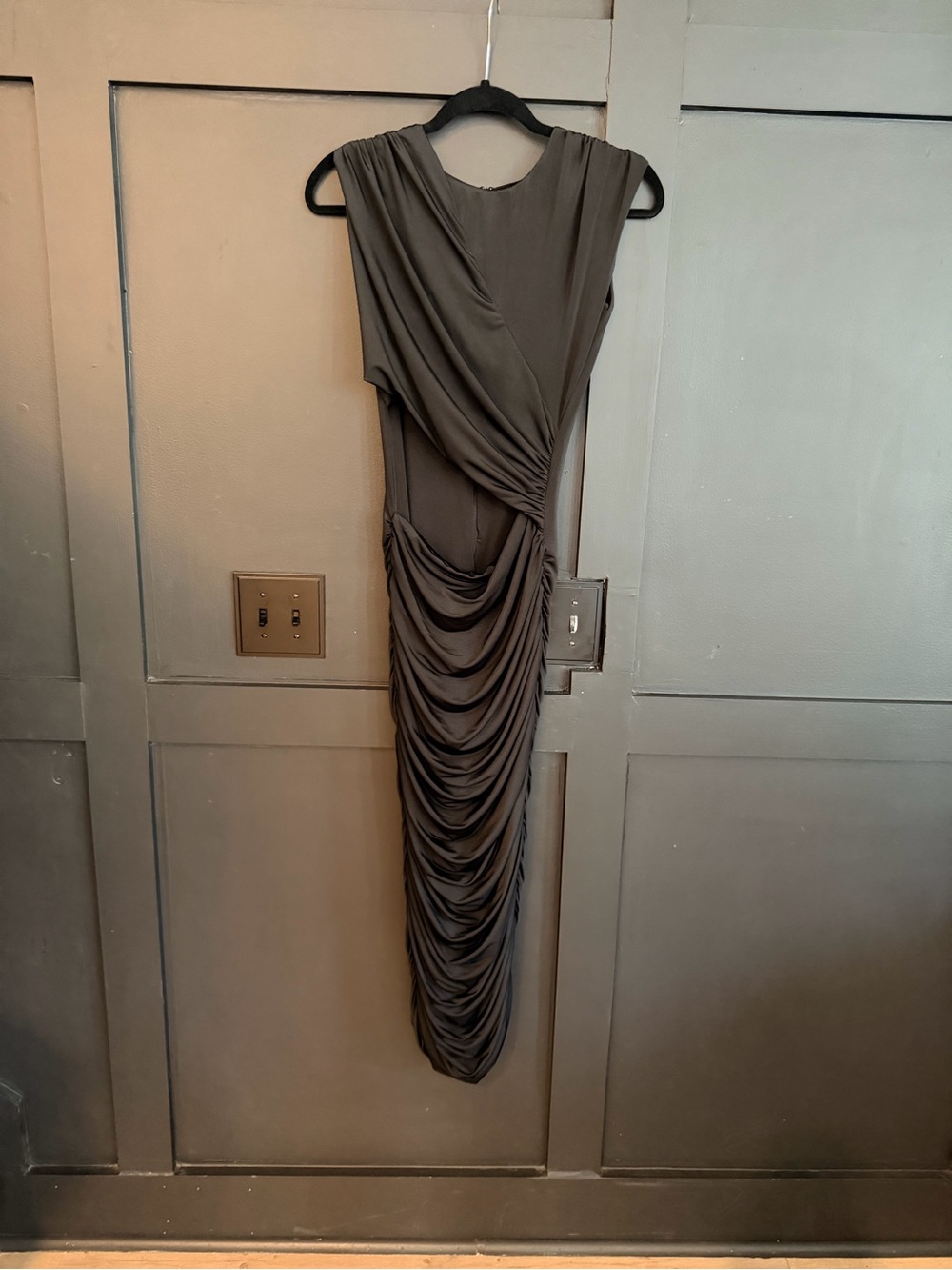 Ruched Draped Sleeveless Midi Dress — Charcoal